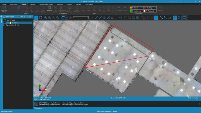 Graphic selection of elements in the point cloud for detailed analysis and classification of the building interior.